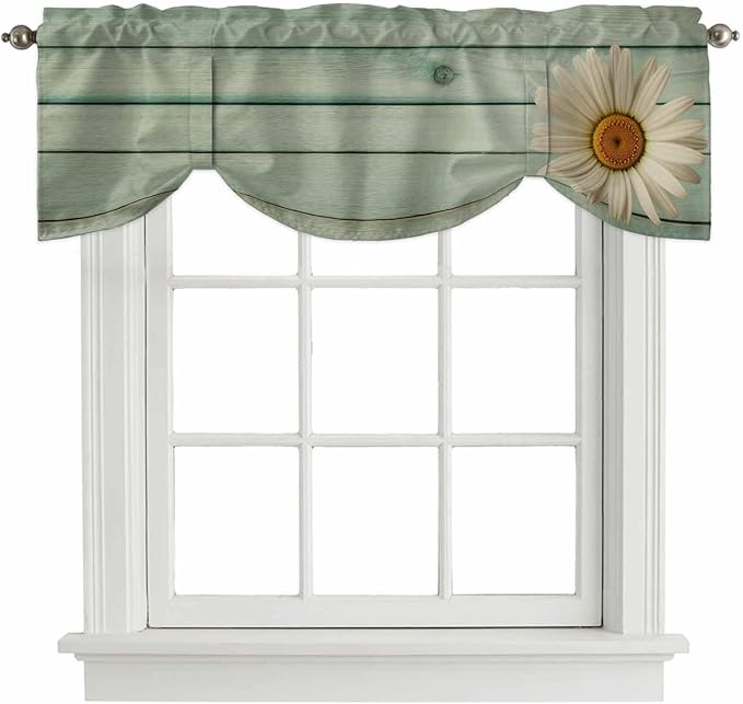 Daisy Flower Tie Up Valance Curtains for Windows, Kitchen Curtains Window Shades, Modern Art Floral Farmhouse Teal Wooden Grain Light Filtering Roman Curtain Valances for Bedroom/Bathroom/Cafe 42"x12"