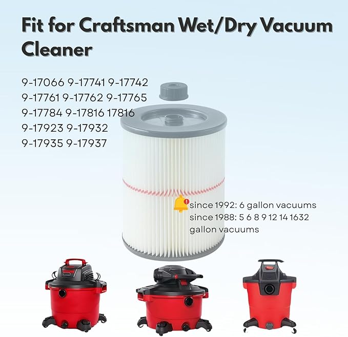 Nispira 9-17816 17816 Red Stripe Replacement HEPA Filter for Craftsman Craftsman Shop Vac Wet/Dry Vacuum 5/6/8/12/16/32 Gallon Larger, 1 Pack