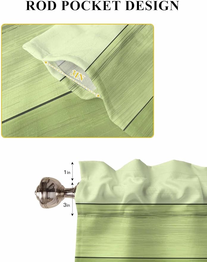 Gradient Green Wooden Board Window Valance Curtains, Retro Country Wood Grain Light Filtering Kitchen Valance with 3-inch Rod Pocket for Living Room Bathroom Bedroom,2 Panel,52x72In