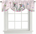 Spring Tie Up Valance Curtains for Windows, Kitchen Curtains Window Shades, Bicycles Leaves Butterfly Flowers Pink Buffalo Plaid Light Filtering Curtain Valances for Bedroom/Bathroom/Cafe 42"x18"