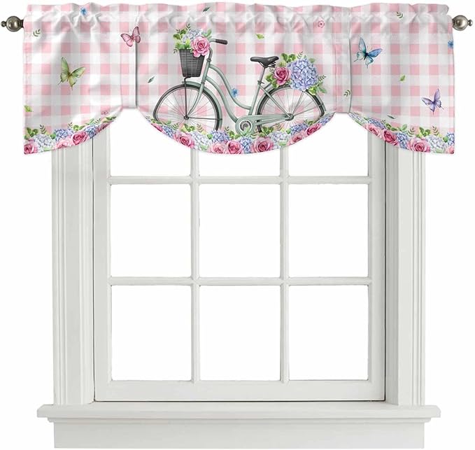Spring Tie Up Valance Curtains for Windows, Kitchen Curtains Window Shades, Bicycles Leaves Butterfly Flowers Pink Buffalo Plaid Light Filtering Curtain Valances for Bedroom/Bathroom/Cafe 42"x12"