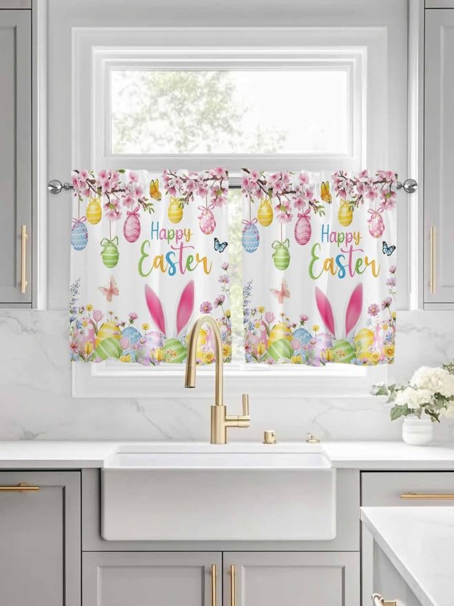 Happy Easter Half Window Curtains 24 Inches Long, Spring Watercolor Bunny Eggs Flower Branch Window Treatment Curtain Drapes, Short Curtains Tiers for Kitchen Over Sink, 27.5"x24", 2 Panels