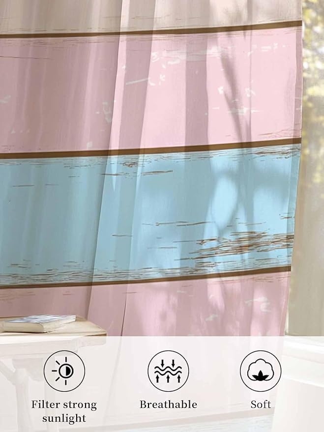 Sheer Curtains 54 Inch Length, Pink Blue Wood Grain Semi Sheer Curtains Light Filtering Window Treatment, Farmhouse Country Shabby Striped Privacy Voile Drapes for Living Room Bedroom 52x54 Inch