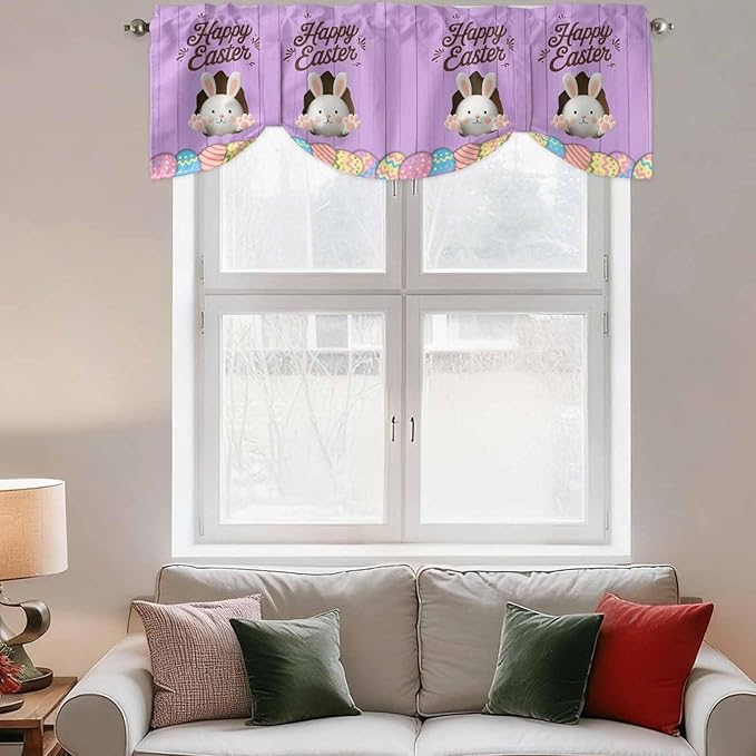 Purple Easter Tie Up Valance Curtains for Windows, Kitchen Curtains Window Shades, Spring Cartoon Bunny Colorful Eggs Wood Grain Light Filtering Curtain Valances for Bedroom/Bathroom/Cafe 54"x18"