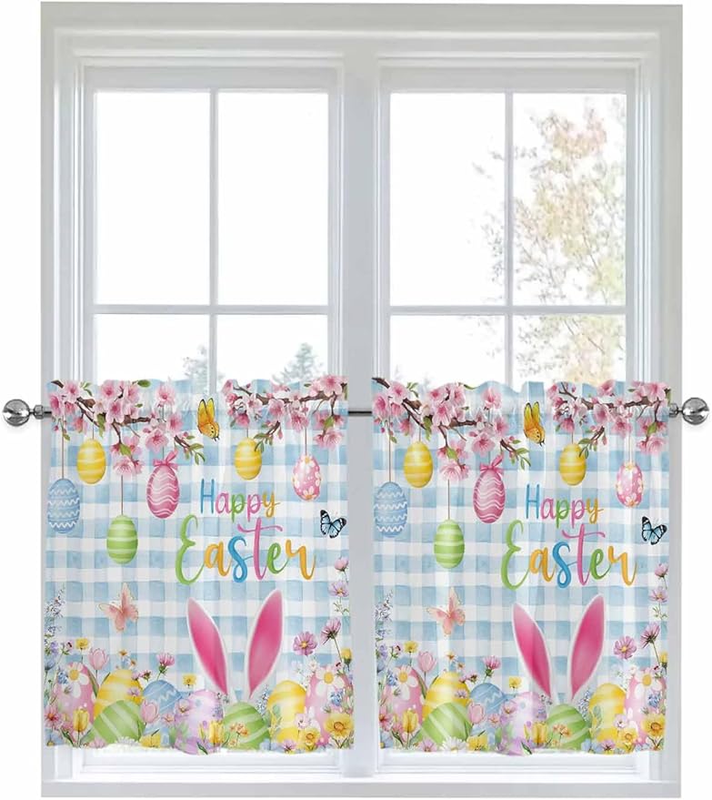 Happy Easter Half Window Curtains 24 Inches Long, Spring Watercolor Bunny Eggs Flower Blue Plaid Window Treatment Curtain Drapes, Short Curtains Tiers for Kitchen Over Sink, 27.5"x24", 2 Panels