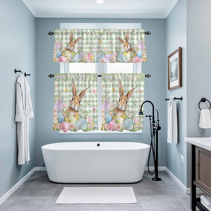 Kitchen Curtains Tiers and Valance Set of 3, Easter Light Filtering Window Curtain Set, Spring Bunny Colorful Eggs Floral Leaves Grey Plaid Rod Pocket Curtain Drapes for Living Room, 36 Inches Tiers