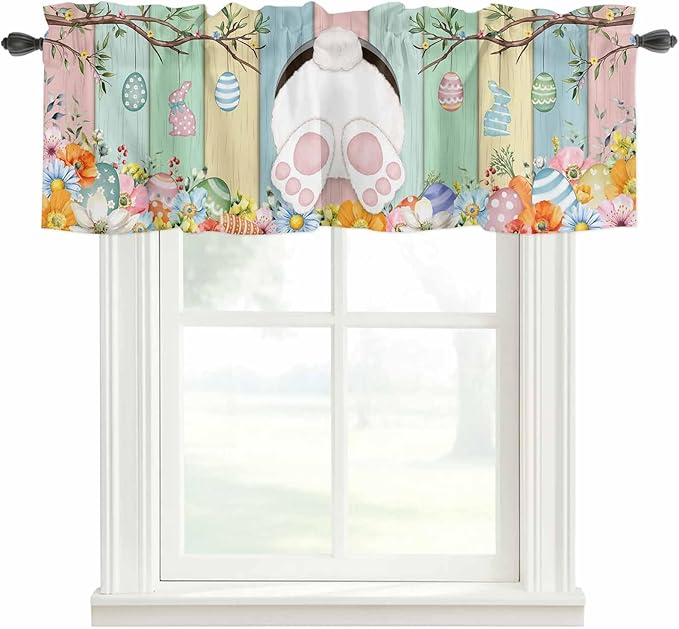 Easter Curtain Valances for Windows, Kitchen Valance Window Treatment, Spring Colorful Bunny Eggs Flower Wood Grain Light Filtering Block Curtains for Bathroom/Bedroom/Living Room 54'' x 18''