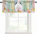 Easter Curtain Valances for Windows, Kitchen Valance Window Treatment, Spring Colorful Bunny Eggs Flower Wood Grain Light Filtering Block Curtains for Bathroom/Bedroom/Living Room 42'' x 12''