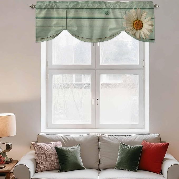 Daisy Flower Tie Up Valance Curtains for Windows, Kitchen Curtains Window Shades, Modern Art Floral Farmhouse Teal Wooden Grain Light Filtering Roman Curtain Valances for Bedroom/Bathroom/Cafe 42"x18"