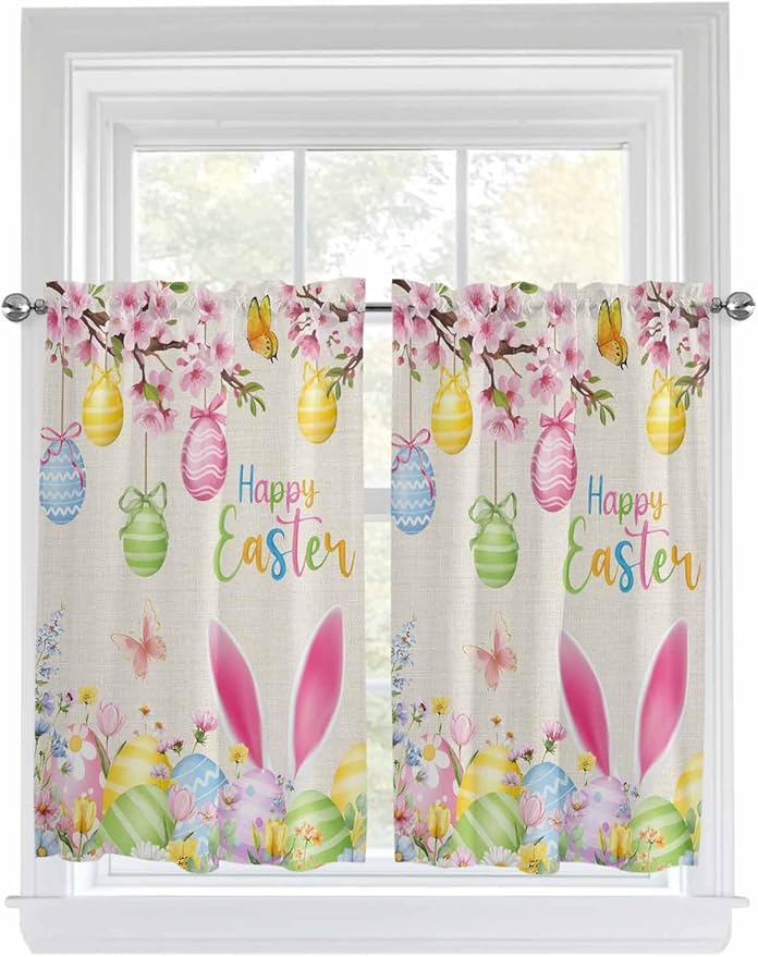 Happy Easter Tier Curtains 45 Inches Long, Spring Farmhouse Bunny Eggs Flower Beige Window Treatment Curtain Drapes, Small Curtain Drapes for Bathroom Laundry Room, 27.5"x45", 2 Panels