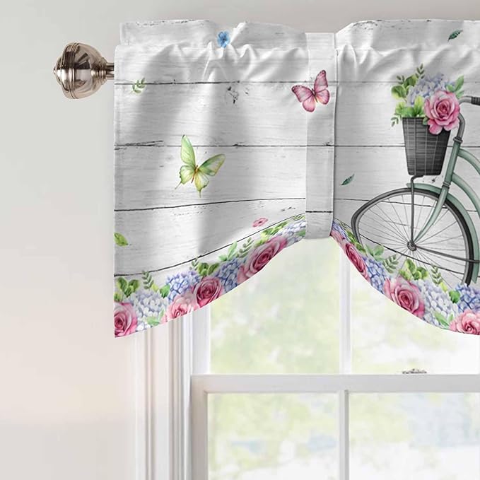Spring Tie Up Valance Curtains for Windows, Kitchen Curtains Window Shades, Bicycles Botanical Rose Leaves Butterfly Wood Grain Light Filtering Roman Curtain Valances for Bedroom/Bathroom/Cafe 60"x18"