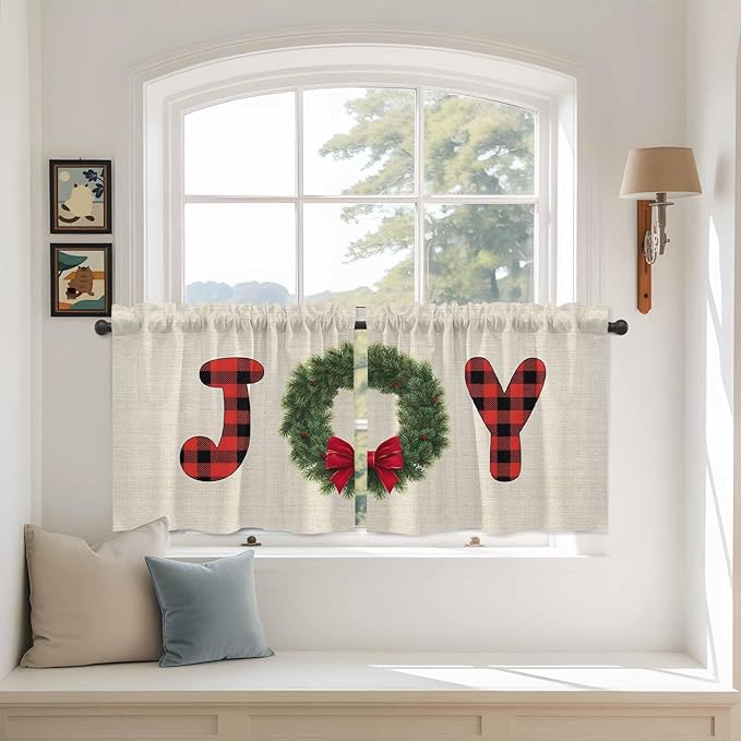 Red Green Christmas Kitchen Tier Curtains 36 Inch Long 2 Panel Set,Rod Pocket Half Window Curtains Over Sink,Farmhouse Xmas Botanical Winter Short Drapes for Bathroom Cafe 27.5"W x 36"L