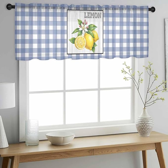 Lemon Sheer Valance Curtains, Summer Fruit Floral Wood Grain Blue Plaid Light Filtering Kitchen Valances Rod Pocket Voile Curtain Window Treatment for Bedroom/Living Room/Basement 42Wx18L