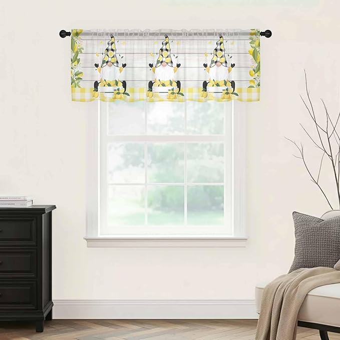 Lemon Dwarfs Sheer Valance Curtains, Gnome Green Leaf Wood Striped Black Plaid Light Filtering Kitchen Valances Rod Pocket Voile Curtain Window Treatment for Bedroom/Living Room/Basement 60Wx18L