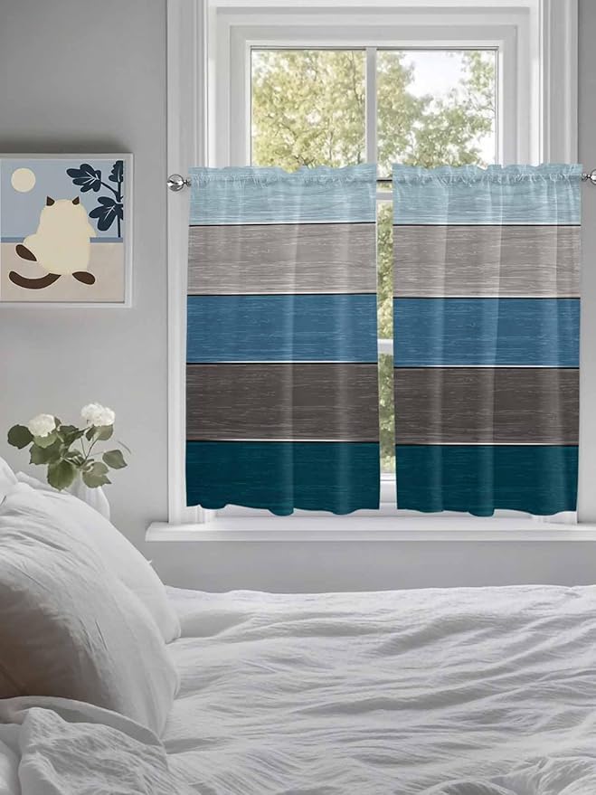 Retro Farm Blue Gray Wood Grain Window Valance Curtains, Rustic Wooden Plank Light Filtering Kitchen Valance with 3-inch Rod Pocket for Living Room Bathroom Bedroom,2 Panel,52x54In