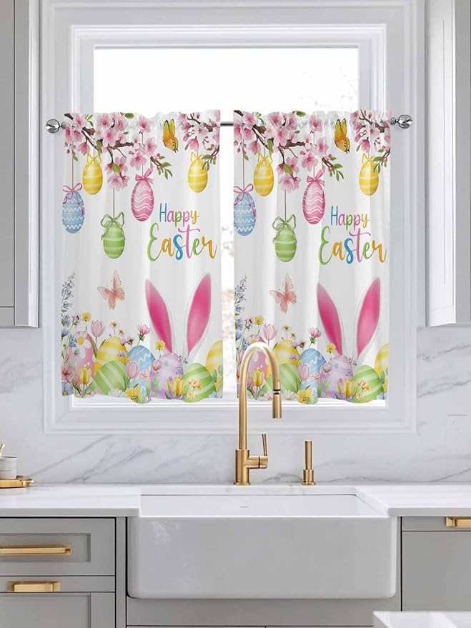 Happy Easter Kitchen Curtains 54 Inches Length, Spring Watercolor Bunny Eggs Flower Branch Window Treatment Curtain Drapes, Decorative Window Curtains for Bedroom Cafe, 52"x54", 2 Panels