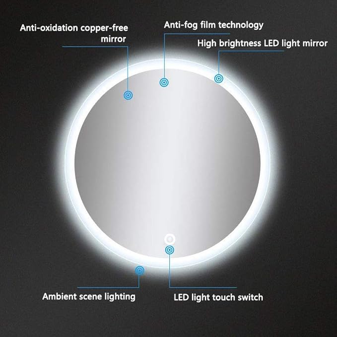 Bathroom Mirror with LED Light and Demister Pad Touch Sensor Wall Mounted Round Makeup Shaving Mirror (Color : Warm Light Size : 60cm) (Warm Light 80cm)