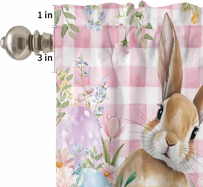 Kitchen Curtains Tiers and Valance Set of 3, Easter Light Filtering Window Curtain Set, Spring Rabbit Eggs Nature Botanicals Pink Plaid Rod Pocket Curtain Drapes for Cafe, Living Room, 36 Inches Tiers