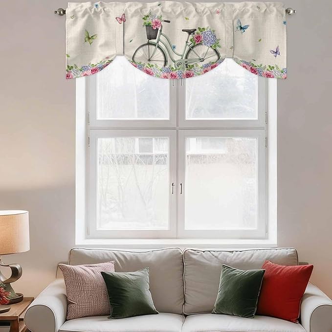 Farmhouse Spring Tie Up Valance Curtains for Windows, Kitchen Curtains Window Shades, Retro Bicycles Flowers Vines Butterfly Light Filtering Roman Curtain Valances for Bedroom/Bathroom/Cafe 42"x12"