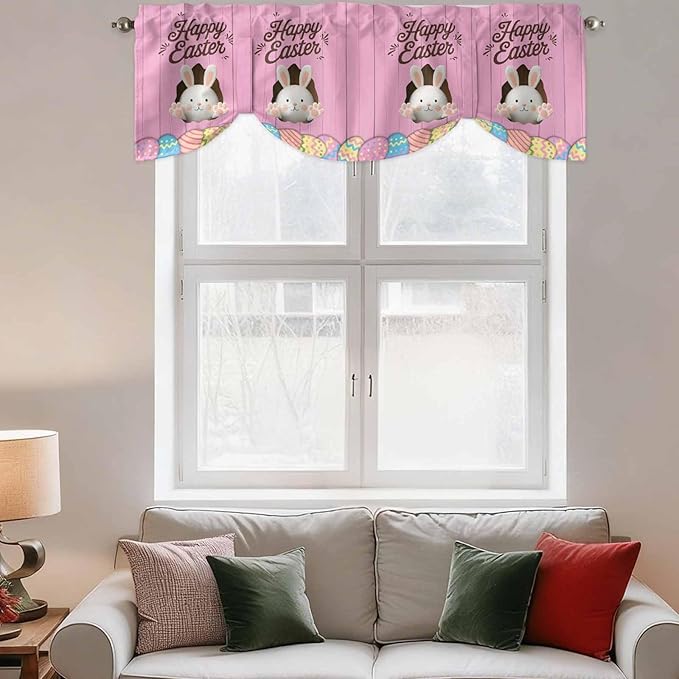 Pink Easter Tie Up Valance Curtains for Windows,Kitchen Curtains Window Shades,Easter Bunny Eggs Spring Cartoon Farmhouse Wood Grain Light Filtering Curtain Valances for Bedroom/Bathroom/Cafe 54"x18"