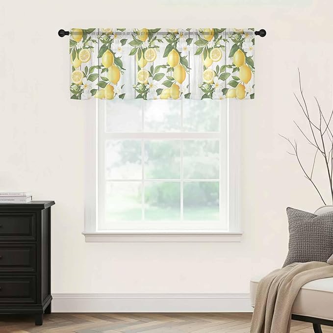 Spring Summer Lemon Sheer Valance Curtains, Leaf Flower White Wood Grain Light Filtering Kitchen Valances Rod Pocket Voile Curtain Window Treatment for Bedroom/Living Room/Basement 42Wx12L