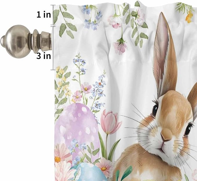 Kitchen Curtains Tiers and Valance Set of 3, Easter Light Filtering Window Curtain Set, Spring Rabbit Colorful Eggs Budding Florals Leaf Rod Pocket Curtain Drapes for Living Room, 36 Inches Tiers