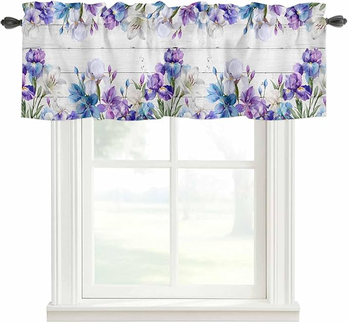 Spring Flowers Curtain Valances for Windows, Kitchen Valance Window Treatment, Watercolor Garden Florals Wooden Grain Light Filtering Block Curtains for Bathroom/Bedroom/Living Room 60'' x 18''