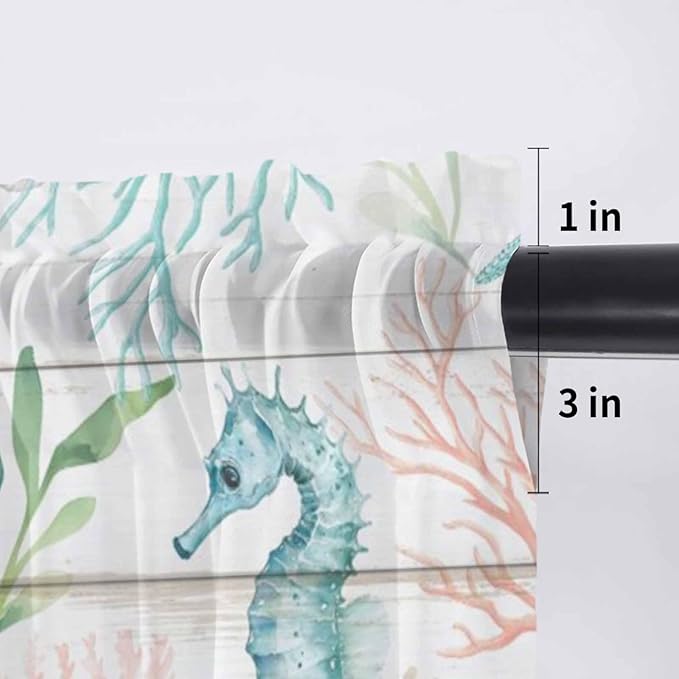 Teal Seahorse Starfish Sheer Valance Curtains, Summer Beach Coral Shell Board Light Filtering Kitchen Valances Rod Pocket Voile Curtain Window Treatment for Bedroom/Living Room/Basement 60Wx18L