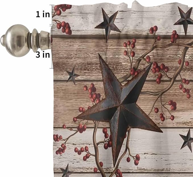 Kitchen Curtains Tiers and Valance Set of 3, Rustic Star Brown Light Filtering Window Curtain Set, Vintage Plants Berry Wooden Grain Rod Pocket Curtain Drapes for Cafe, Living Room, 24 Inches Tiers