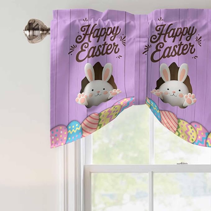 Purple Easter Tie Up Valance Curtains for Windows, Kitchen Curtains Window Shades, Spring Cartoon Bunny Colorful Eggs Wood Grain Light Filtering Curtain Valances for Bedroom/Bathroom/Cafe 60"x18"