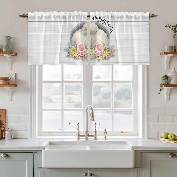 Easter Bunny Kitchen Tier Curtains 24 Inch Long 2 Panel Set,Rod Pocket Cafe Small Window Curtains Over Sink,3D Optical Illusion Farmhouse Flower Wood Grain Light Filtering Short Drapes 27.5"W x 24"L