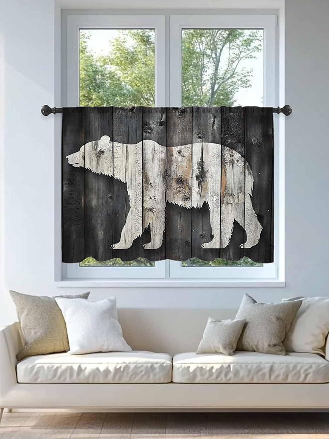 Sheer Curtains 45 Inch Length, White Brown Bear Semi Sheer Curtains Light Filtering Window Treatment, Farmhouse Country Vintage Wood Grain Privacy Voile Drapes for Living Room Bedroom 52x45 Inch
