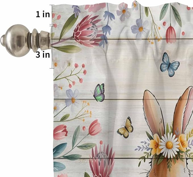 Kitchen Curtains Tiers and Valance Set of 3, Easter Light Filtering Window Curtain Set, Spring Bunny Butterfly Botanical Wooden Grain Rod Pocket Curtain Drapes for Cafe, Living Room, 24 Inches Tiers