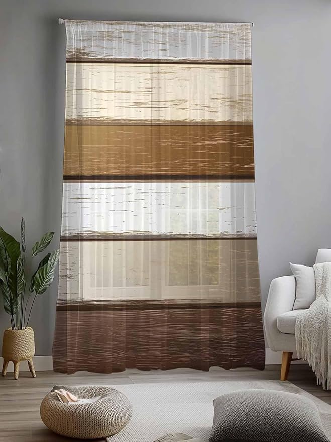 Sheer Curtains 108 Inches Long, Vintage Geometric Brown Semi Sheer Curtains Light Filtering Window Treatment, Farmhouse Country Chic Wood Grain Privacy Voile Drapes for Living Room Bedroom 52x108 Inch