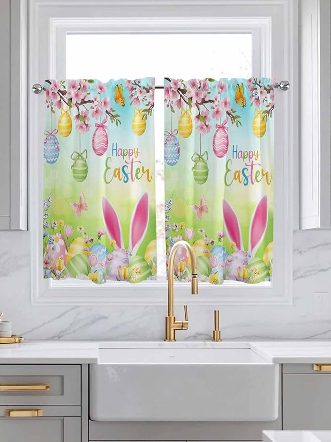 Easter Kitchen Curtains 54 Inches length, Spring Bunny Colorful Rabbit Eggs Butterfly Blue Green Window Treatment Curtain Drapes, Thermal Insulated Drapes for Basement Hotel RV, 42"x54", 2 Panels
