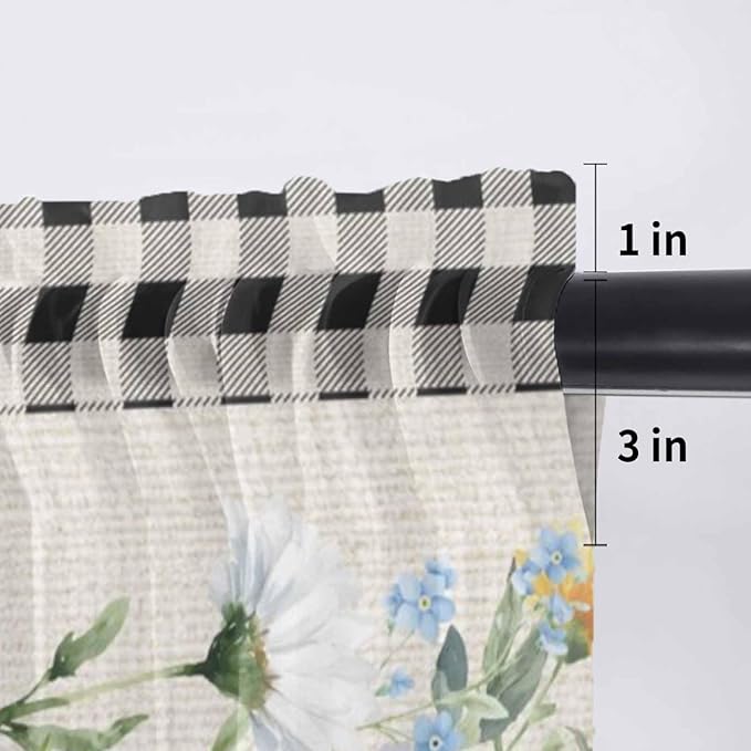 Blue Pink Floral Sheer Valance Curtains, Spring Summer Botanical Linen Black Plaid Light Filtering Kitchen Valances Rod Pocket Voile Curtain Window Treatment for Bedroom/Living Room/Basement 42Wx18L
