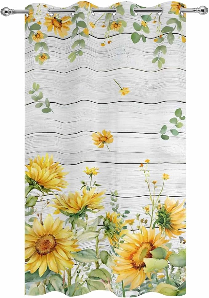 Sunflowers Outdoor Curtains for Patio Summer Floral Eucalyptus Leaf Wood Plank Waterproof Outside Curtains with Grommet Top Weatherproof Curtain for Cabana Pergola Gazebo, 1 Panel, 54" W x 84" L