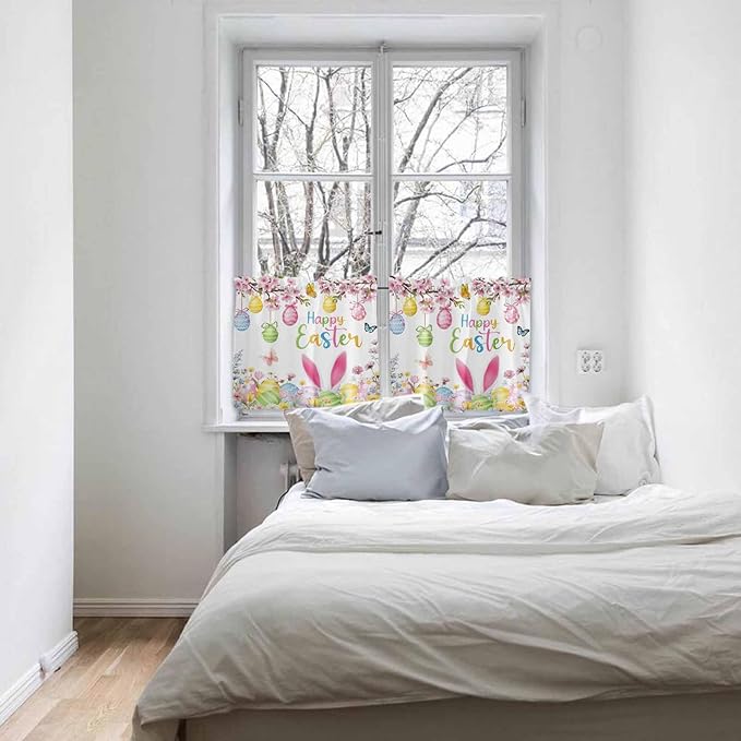 Happy Easter Half Window Curtains 24 Inches Long, Spring Watercolor Bunny Eggs Flower Branch Window Treatment Curtain Drapes, Short Curtains Tiers for Kitchen Over Sink, 27.5"x24", 2 Panels