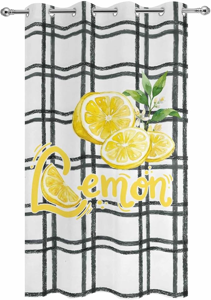 Lemon Outdoor Curtains for Patio Lemon Leaves Summer Plaid Buffalo Waterproof Outside Curtains with Grommet Top Weatherproof Curtain for Cabana Pergola Gazebo, 1 Panel, 54" W x 95" L