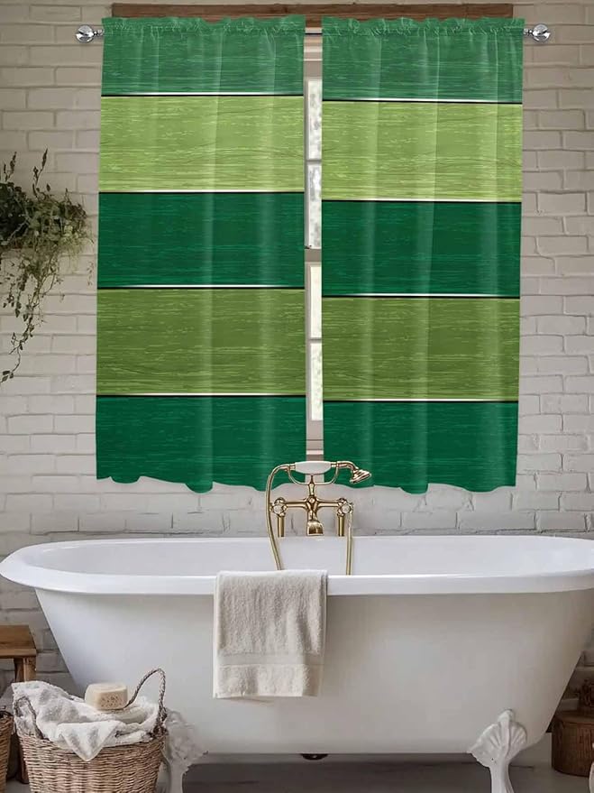 Farm Retro Green Wood Grain Window Valance Curtains, Rustic Wooden Plank Texture Light Filtering Kitchen Valance with 3-inch Rod Pocket for Living Room Bathroom Bedroom,2 Panel,52x72In