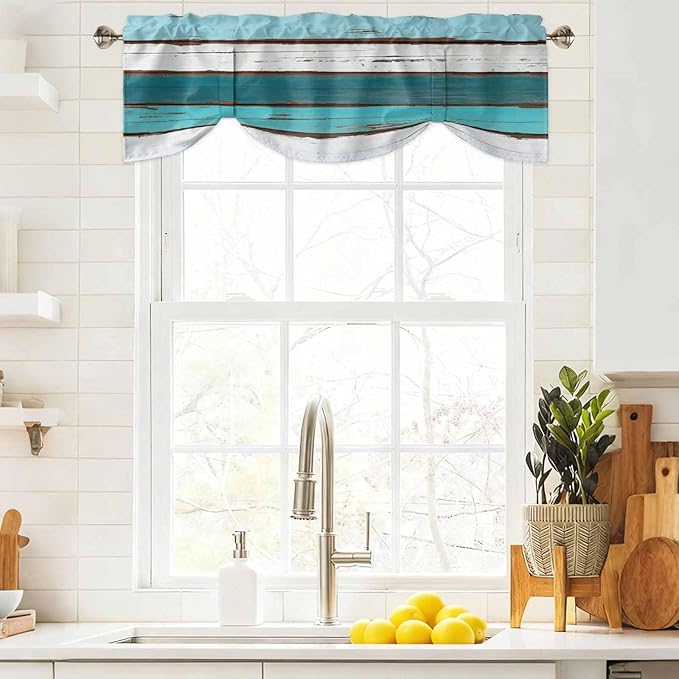 Turquoise Teal Tie Up Valance Curtains for Windows, Kitchen Curtains Window Shades, Farmhouse Retro Ombre Wooden Grain Light Filtering Roman Curtain Valances for Bedroom/Bathroom/Cafe 42"x18"