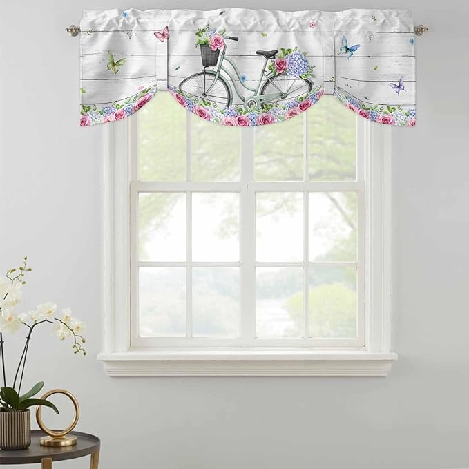 Spring Tie Up Valance Curtains for Windows, Kitchen Curtains Window Shades, Bicycles Botanical Rose Leaves Butterfly Wood Grain Light Filtering Roman Curtain Valances for Bedroom/Bathroom/Cafe 60"x18"