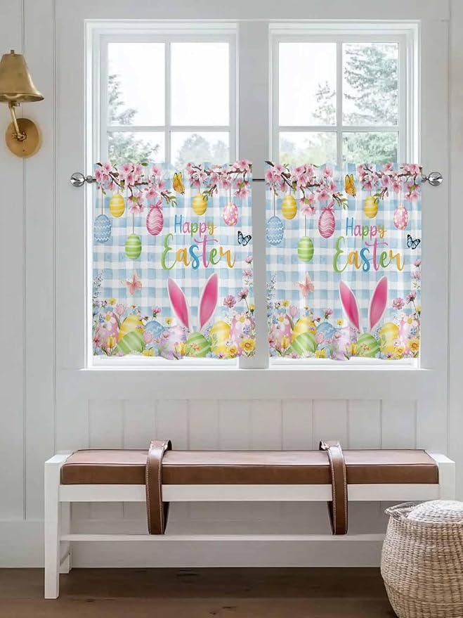 Happy Easter Half Window Curtain 36 Inches Long, Spring Watercolor Bunny Eggs Flower Blue Plaid Window Treatment Curtain Drapes, Small Tier Curtains for Bathroom Over Sink, 27.5"x36", 2 Panels