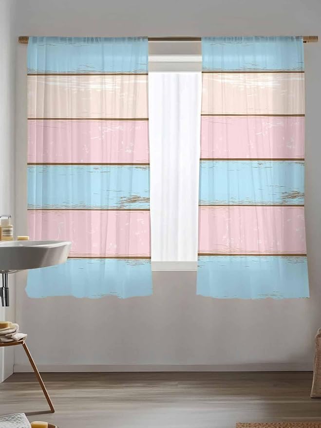Sheer Curtains 63 Inch Length, Pink Blue Wood Grain Semi Sheer Curtains Light Filtering Window Treatment, Farmhouse Country Shabby Striped Privacy Voile Drapes for Living Room Bedroom 52x63 Inch