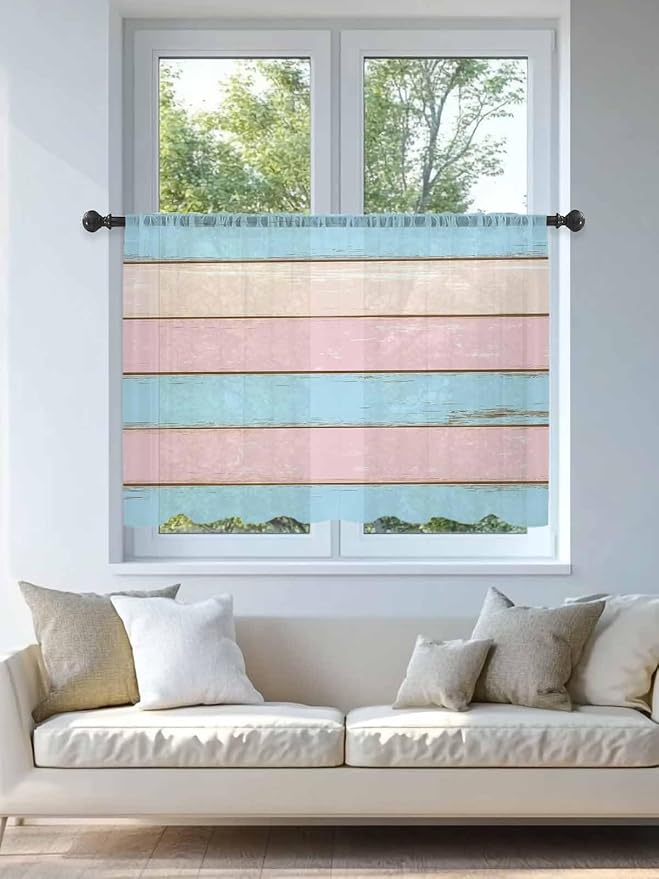 Sheer Curtains 54 Inch Length, Pink Blue Wood Grain Semi Sheer Curtains Light Filtering Window Treatment, Farmhouse Country Shabby Striped Privacy Voile Drapes for Living Room Bedroom 52x54 Inch