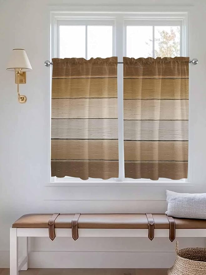Vintage Brown Gradient Wood Grain Window Valance Curtains, Farmhouse Wood Barn Light Filtering Kitchen Valance with 3-inch Rod Pocket for Living Room Bathroom Bedroom,2 Panel,27.5x45In