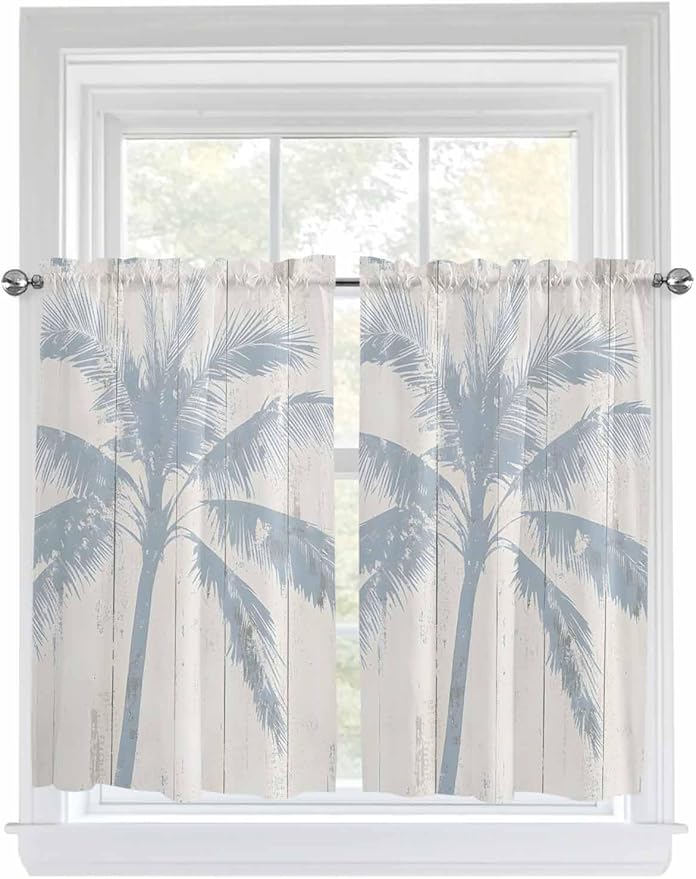 Summer Coconut Tree on Vintage Wood Grain Window Valance Curtains, Seaside Plants Light Filtering Kitchen Valance with 3-inch Rod Pocket for Living Room Bathroom Bedroom,2 Panel,52x45In