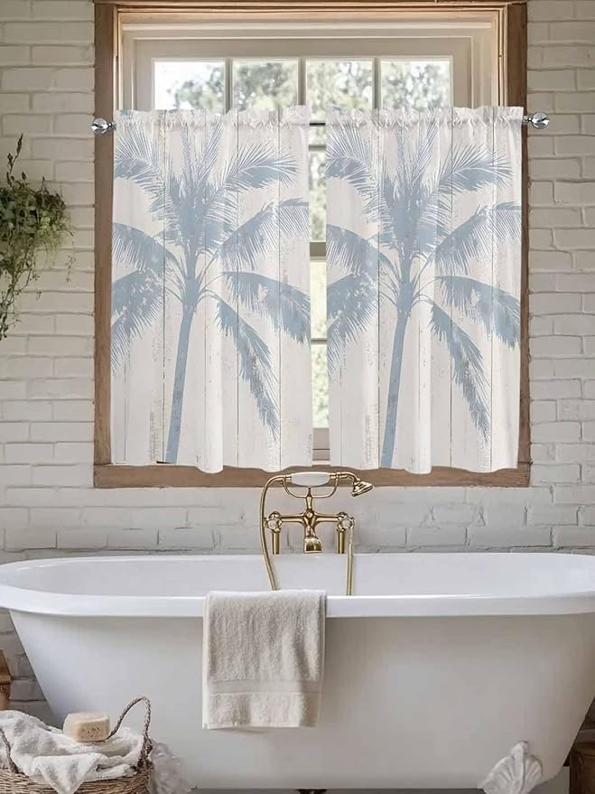 Summer Coconut Tree on Vintage Wood Grain Window Valance Curtains, Seaside Plants Light Filtering Kitchen Valance with 3-inch Rod Pocket for Living Room Bathroom Bedroom,2 Panel,52x45In