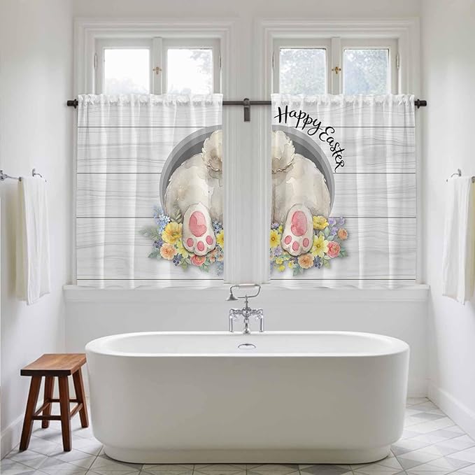 Easter Bunny Kitchen Tier Curtains 45 Inch Long 2 Panel Set,Rod Pocket Short Window Treatment,3D Optical Illusion Farmhouse Flower Wood Grain Light Filtering Curtains & Drapes 27.5"W x 45"L