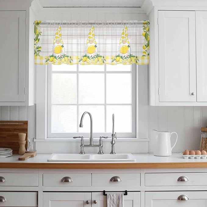 Lemon Dwarfs Sheer Valance Curtains, Gnome Green Leaf Wood Striped Yellow Plaid Light Filtering Kitchen Valances Rod Pocket Voile Curtain Window Treatment for Bedroom/Living Room/Basement 54Wx18L